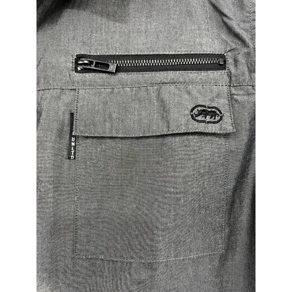 Ecko Unlimited Y2K Men Short Sleeve Button Front Shirt Sz M Gray Graphic Back‎ - Picture 3 of 10